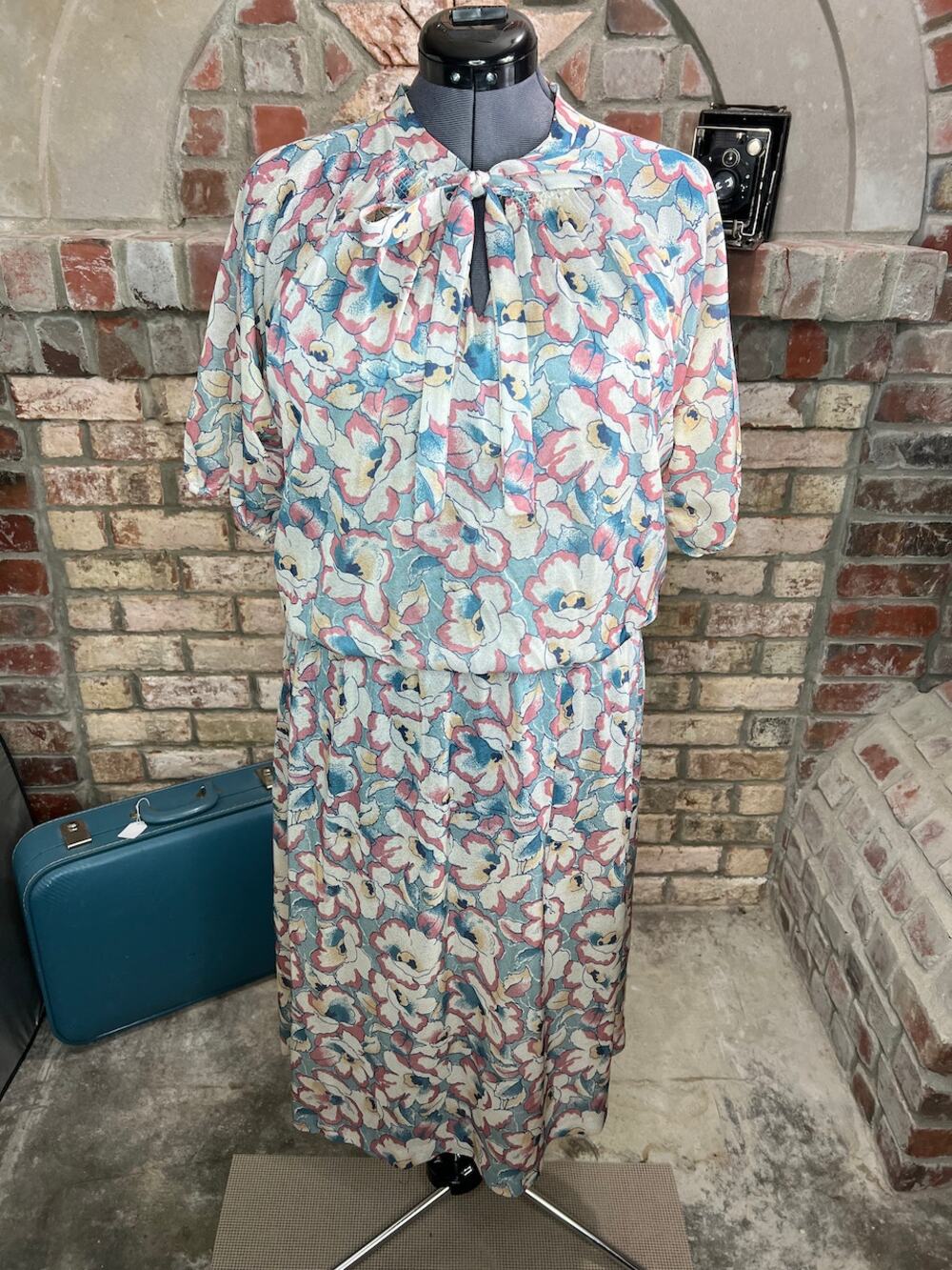 blouson dress kitten bow floral pink blue